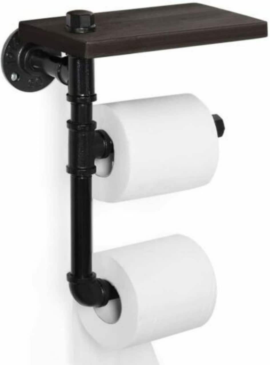 Black Wall-Mounted Double Toilet Paper Holder with Wooden Shelf